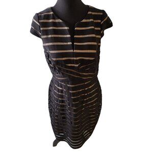 Adrianna Papell Black Beige Stencil Lace Sheath Lined Dress Size 12 EUC